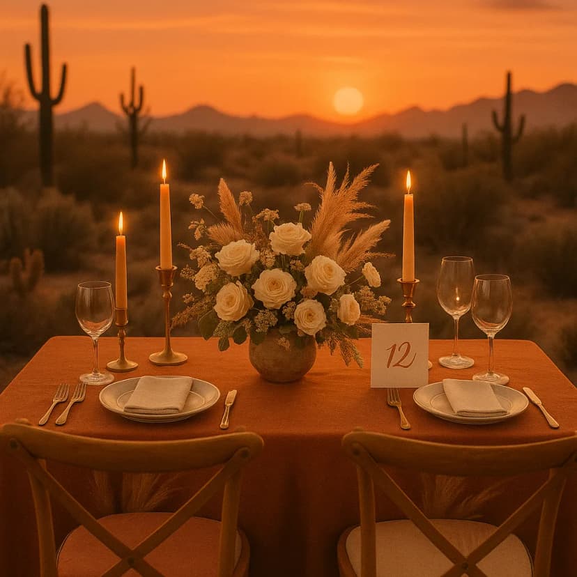 A boho-chic wedding tablescape under a desert sunset