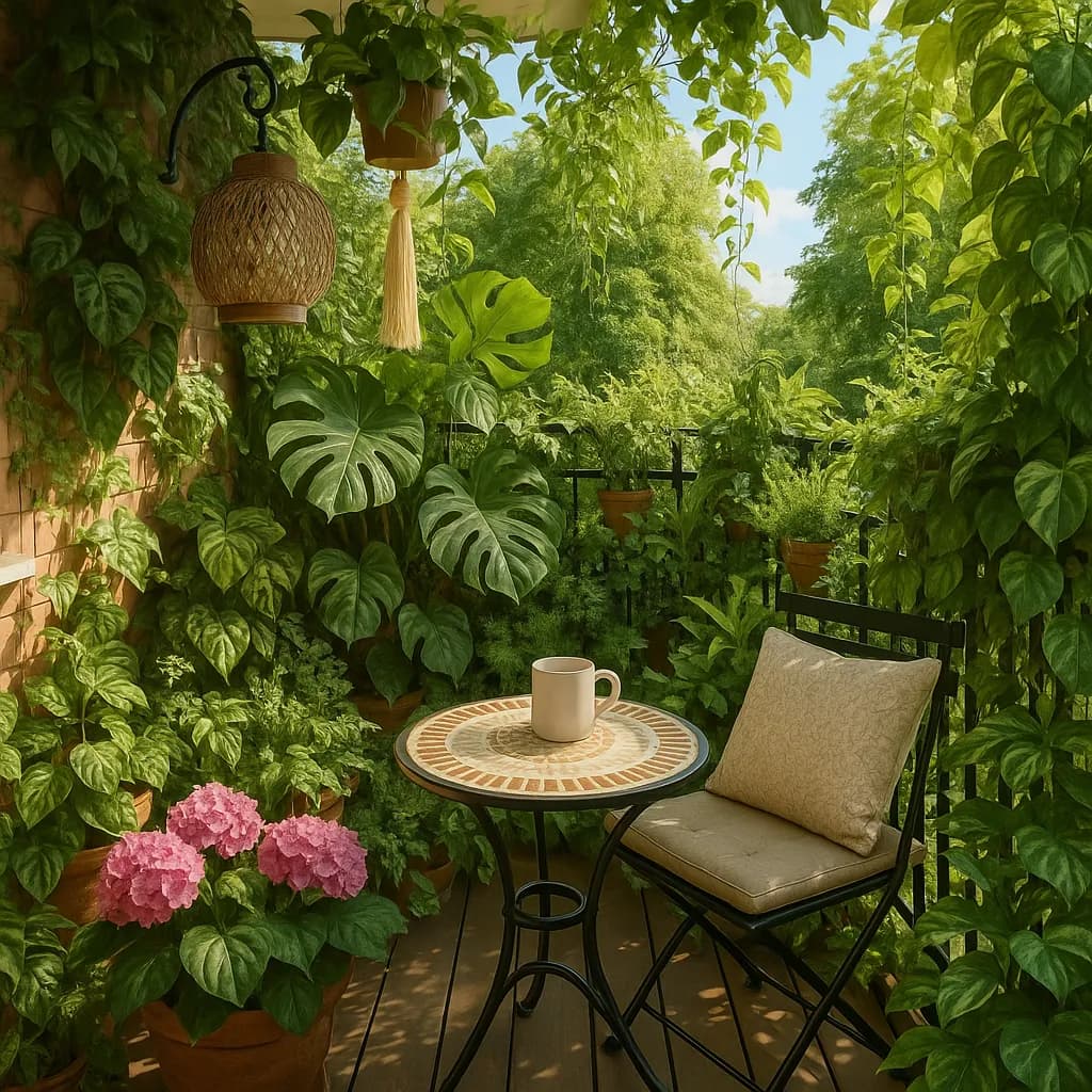 Image transformed with rustic loft patio style: [image-ba10c638-d049-402f-8cf7-259f2494930a]  "Urban jungle balcony transformation
