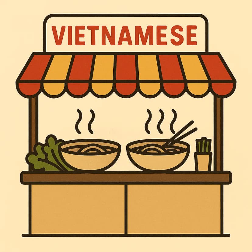 A Vietnamese street food stall with steaming pho bowls