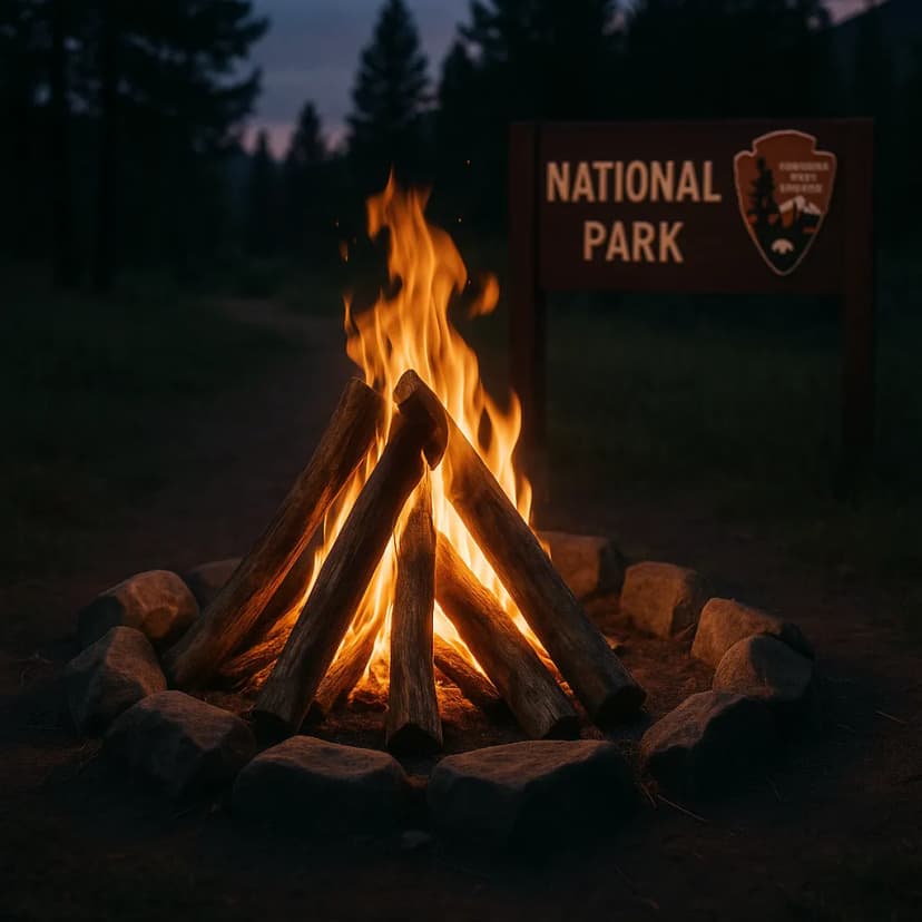 "Cozy campfire scene in national park at dusk