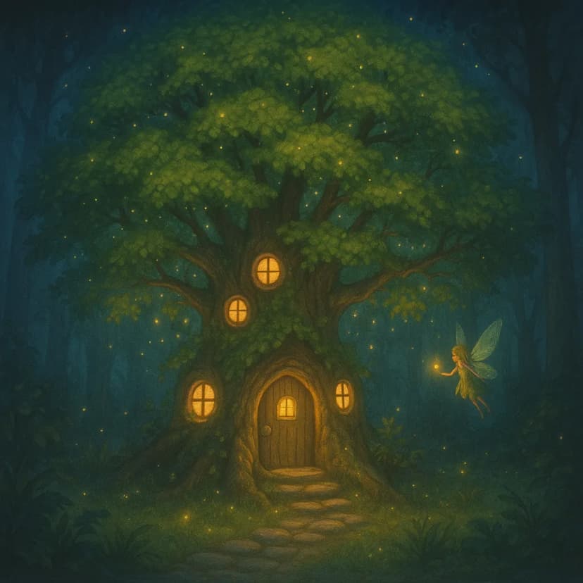 Enchanted fairy tree house in fantasy forest, magical glowing lights, children's book illustration style