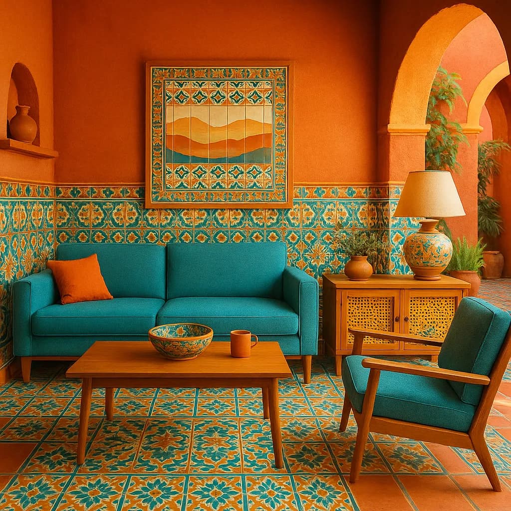Image transformed with rustic loft patio style: [image-3f5d4738-ab17-417c-b0dc-335f2f76b0bb] A vibrant Spanish-style courtyard living room with hand-painted Talavera tiles in turquoise and saffron
