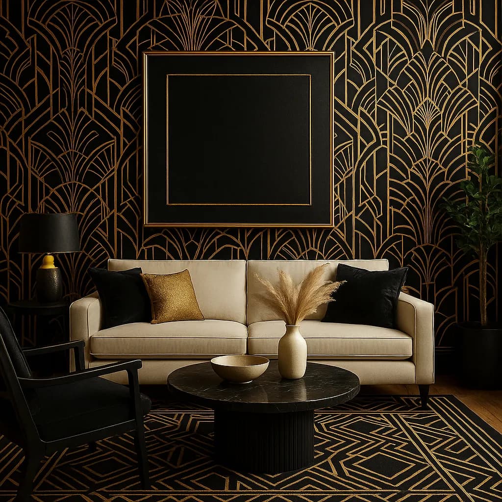 Image transformed with spanish interior design style: [image-9aefead6-bf63-4909-bcc4-72512f520dba] An opulent Art Deco living space with bold geometric black-and-gold wallpaper
