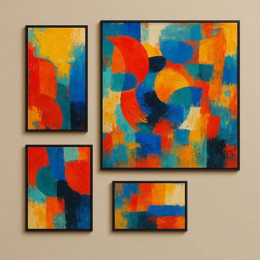 An eclectic art gallery wall with vibrant abstract canvases