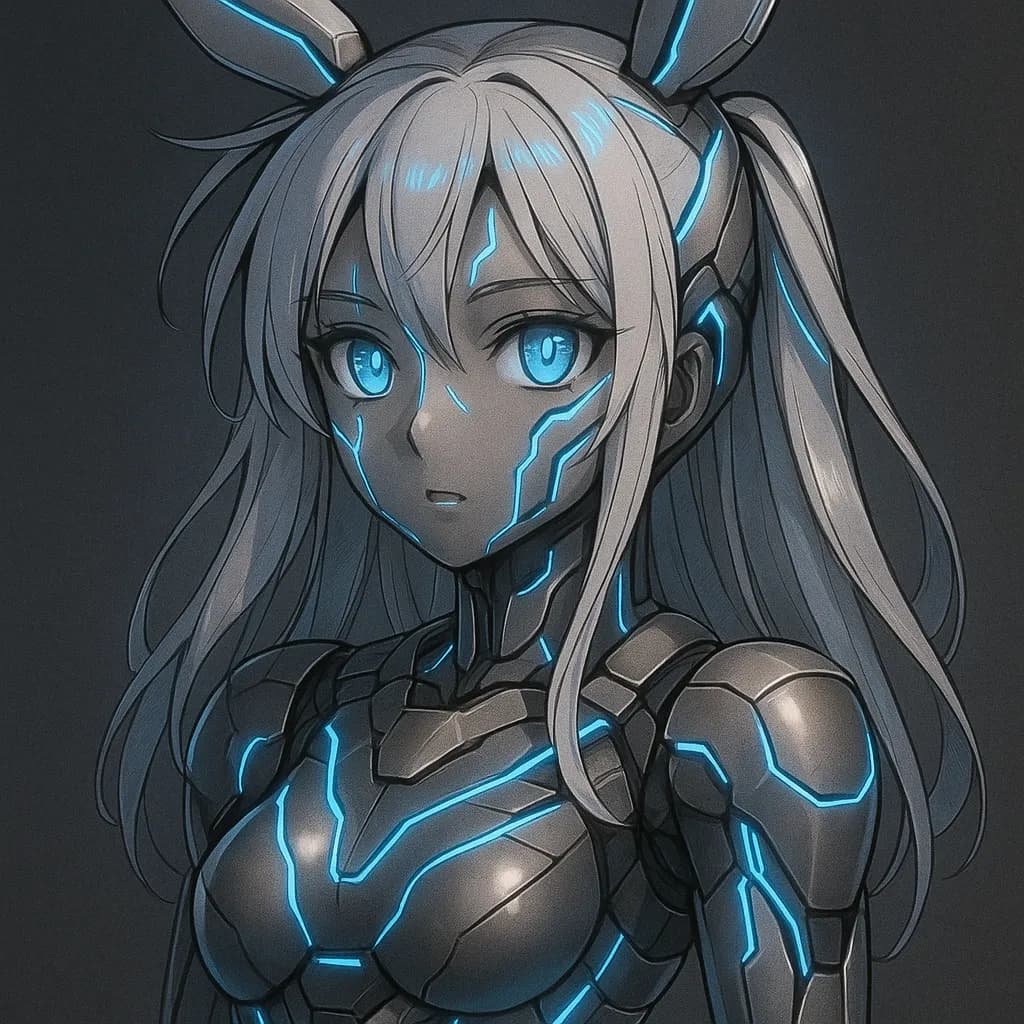 AI generated image: A cybernetic anime character with glowing blue circuitry embedded in sleek silver armor. High-quality digital artwork created with AI image generation.